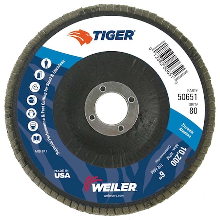 Weiler 6" Tiger Disc Abrasive Flap Disc, Conical (TY29), 80Z, 7/8" 50651